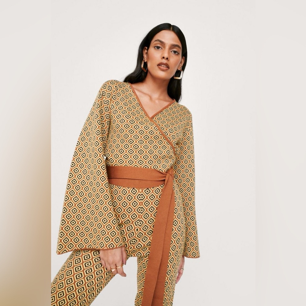 NASTY GAL Retro Pattern Wrap Tie Knitted Cardigan